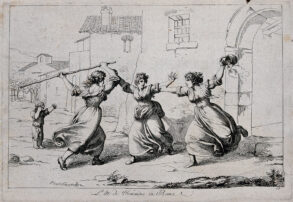A woman in Rome is trying to separate two women fighting, one is holding a stick, the other is holding a bucket; a child crying in the background. Etching by B. Pinelli, 1809. Wellcome Collection. Source