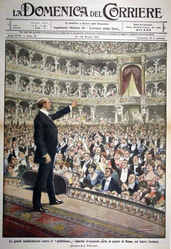 Gabriele d'Annunzio se dirige al pueblo de Roma desde el escenario del Teatro Costanzi