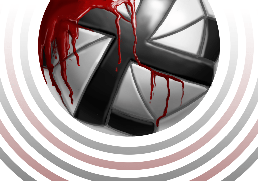 Ilustración de un balón de futbol con la esvástica nazi, manchado de sangre. Autor: Pablo Toussaint