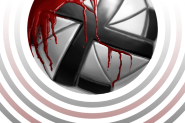 Ilustración de un balón de futbol con la esvástica nazi, manchado de sangre. Autor: Pablo Toussaint
