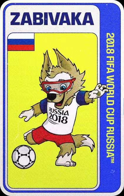 Zabivaka, mascota oficial del Mundial Rusia 2018, que representa un lobo antropomórfico caricaturizado a punto de patear un balón, con melena grisácea marrón y patas blancas, con visor protector para la nieve, y vestido con pantalones cortos rojos y camiseta blanca con mangas azules, con la leyenda "Russia 2018" sobre el pecho.