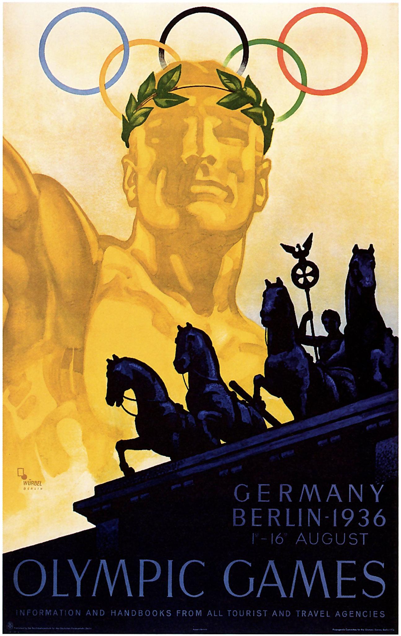 Cartel de los juegos Olímpicos de Berlín 1936 que representa un deportista victorioso de color dorado, coronado con laurel, frente a los aros olímpicos, y, en primer plano, el detalle de la cuadriga de la Puerta de Brandemburgo en Berlín