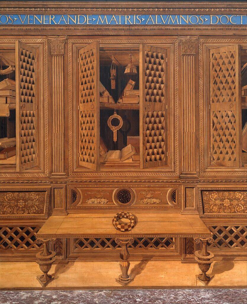VV. AA. detalle del "Studiolo del palacio ducal en Gubbio" (marquetería/intarsia), ca. 1478–82. vía Metropolitan Museum of Art New York, https://www.metmuseum.org/es/art/collection/search/198556